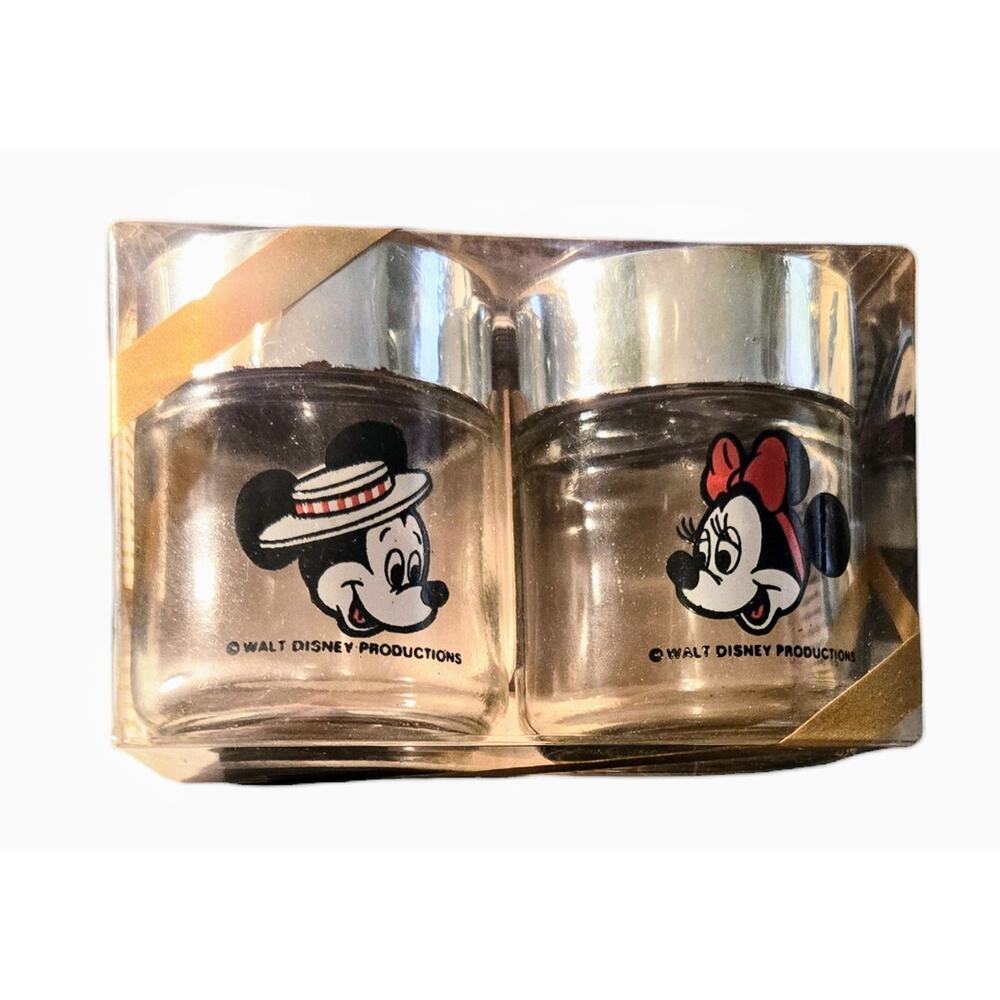 Vintage Walt Disney World Mickey Minnie Mouse Glass Salt Pepper Shakers New